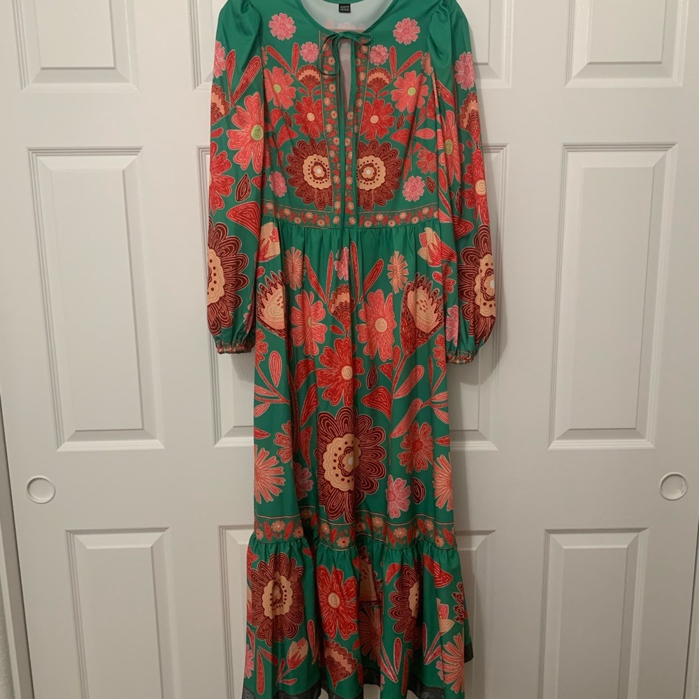 Boho Floral Green and Red Maxi Dress